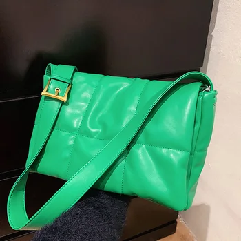 Модни дамски чанти през рамо с подплата, INS, изпъстрен с ватирани чанта през рамо от висококачествена изкуствена кожа, дизайнерски зелено-кафяви чанти