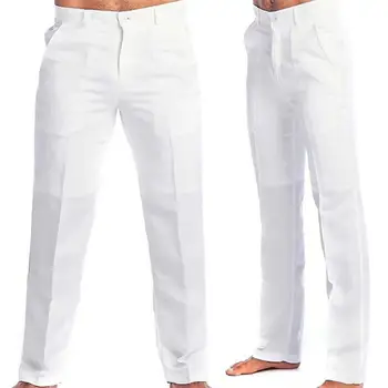 Мъжки памучни ленени панталони, леки мъжки панталони, стилни мъжки обикновена плътно прилепнали дълги панталони със средна засаждане, с цип за почивка