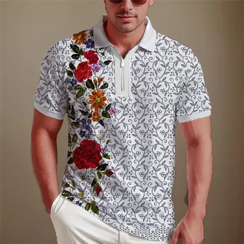 Мъжки ризи с 3D имитация на бродерия, риза-поло с цип, с къси ръкави, всекидневни топ, модни и ежедневни градинска мъжки дрехи