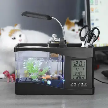 Настолен Аквариум от Mini USB с Led Подсветка LCD Дисплей, Часовник, Митници - Декоративен Аквариум За Риби