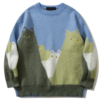 Нов Зимен семеен пуловер със забавна бродерия във формата на Котка, Есента Модерен Свободен Универсален пуловер, зимна топ с дълъг ръкав, пълен комплект