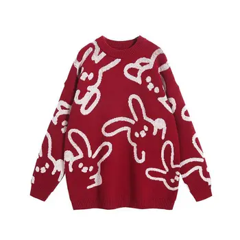 Нова година Зайо шаблон червен вязаный пуловер за мъжете и жените 2023 зима с кръгло деколте с дълъг ръкав ежедневни двойка коледен пуловер