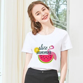 Ново лято 2019, тениска Femme С принтом Фламинго, Тениска Harajuku, Дамски Модни тениска С кръгло деколте И Къс ръкав, Бели Потници, Дамски дрехи