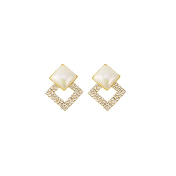 Обеци-капки с кристали, цирконий във формата на диамант златен цвят, метални лъскави двойни квадратни геометрични обеци за жените, естетически декорации