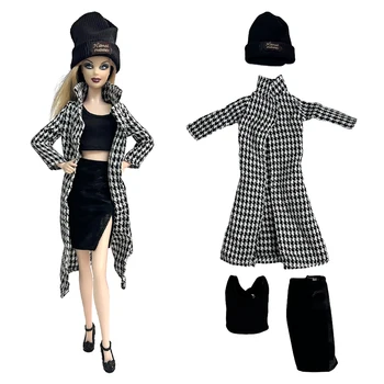 Официален NK 1 комплект Благородна дълъг черен костюм кукли: шапка + coat + топ + отворена диафрагма За кукла къща на Барби, аксесоари, ПОДАРЪК ИГРАЧКА