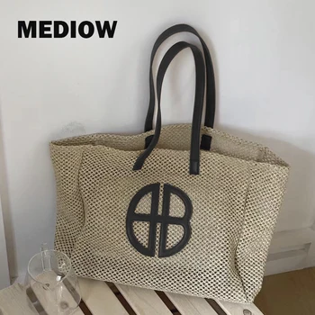 Плажни чанти-тоут MEDIOW голям капацитет за жени, луксозна дизайнерска чанта и чанта 2023 година на издаване, новост, куха чанта през рамо от лен за плетене