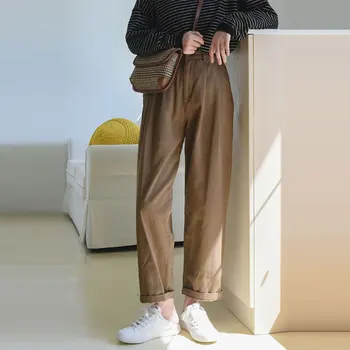 Пролет-есен, нови Корейски модни Женски прави панталони с висока талия до щиколоток, универсални ежедневните свободни панталони от 100% памук, V480