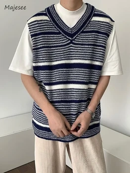 Пуловер-Мъжки Елек С V-образно деколте В Лента За Почивка За Всеки ден В Корейски Стил, За да Пътуват До работа Модни Градинска Облекло Уютен Harajuku Прост Универсално Шик