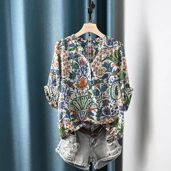 Реколта темпераментен дамска риза с къс ръкав и принтом, Лятна мода Елегантна Свободна блуза с V-образно деколте и копчета, Дрехи J202
