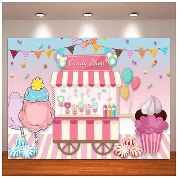 Рожден ден Кенди Момиче Розов Фон за снимки Сладка Близалка Магазин за Сладолед Флаг на Фона на Балон Маса Десерт