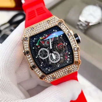 Специални мъжки автоматично 3-контактни часовници с диаманти, луксозни кварцов часовник с каишка силикон, функционален подарък