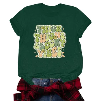 Тениска с писмото принтом, Тениски в чест на Деня на Свети Патрик, Тениска в чест на Ирландския национален празник, Блузи с къс ръкав, Зелена Дамска риза с кръгло деколте