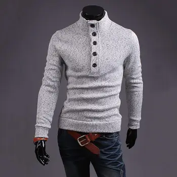 Топъл мъжки пуловер, стилен мъжки пуловер със средна дължина, пуловер с висока яка, копчета, оборудвана, плътен, топъл, есен-зима, дълъг мъжки