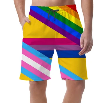 Шорти с 3D принтом в цветна ивица, Панталони за мъже, облекло в стил хип-хоп, шорти за сърф y2k, Летен Хавайски бански, Стръмни бански за сърф